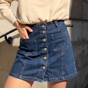 I & M Jeans Button Front Mini  Blue Denim Jean Stretch Skirt No Slit Medium